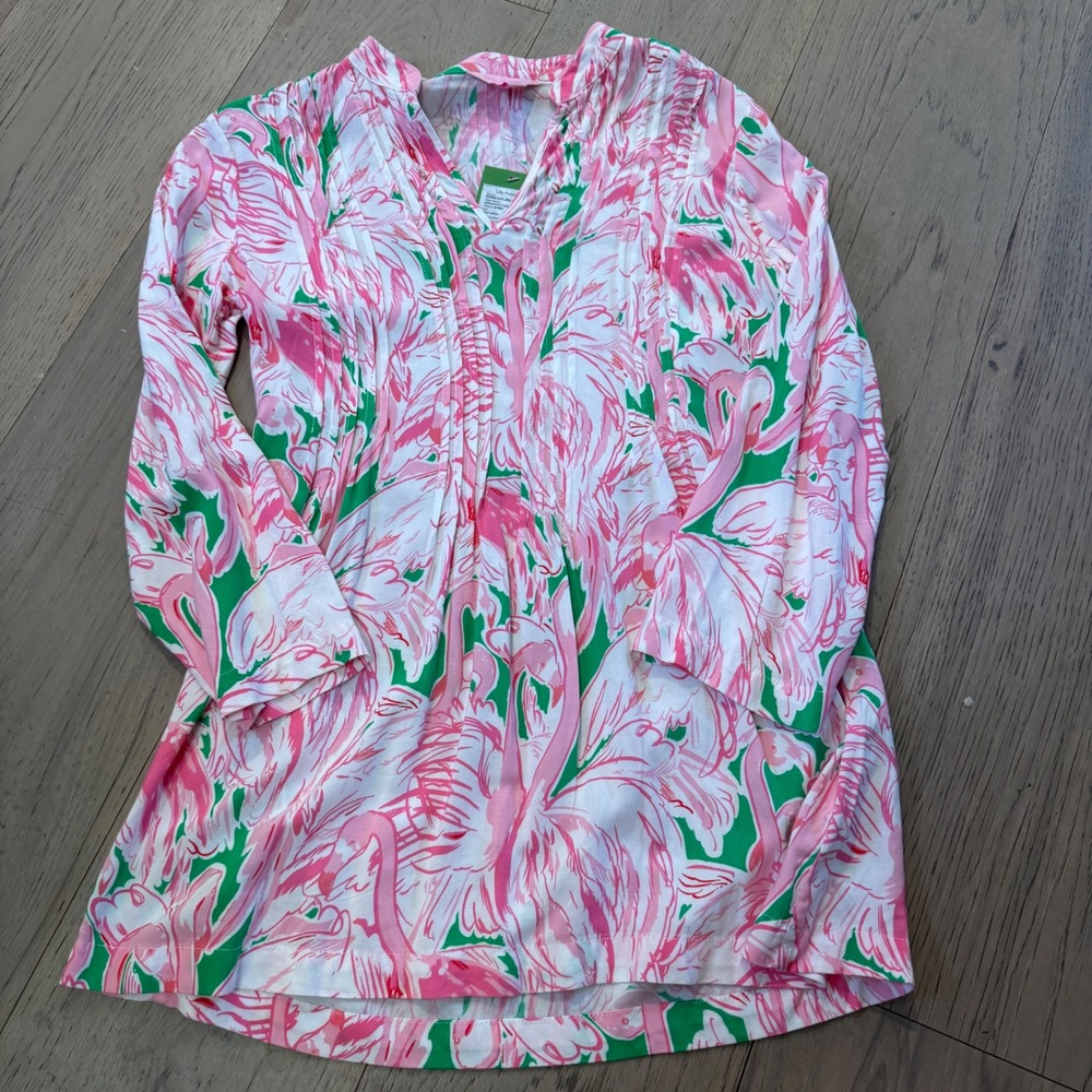 NWT Lilly Pulitzer Sarasota Tunic Pink Colony Flamingo Print Top 92484 XS NEW